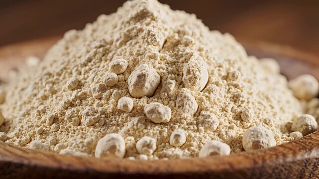 Closeup of a pile of maca powder in a wooden bowl.