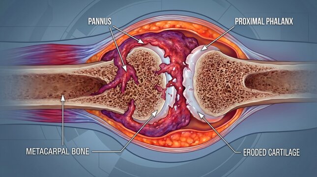 Anatomical illustration shows a cross section of a diseased finger joint with pannus and eroded cartilage