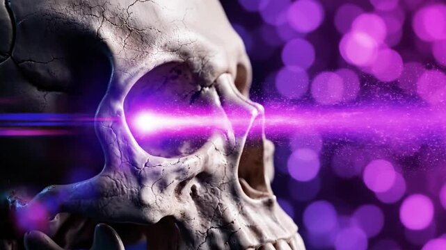 A close-up of a human skull with a vibrant purple laser beam emanating from its eye socket, set against a dark background with purple bokeh lights