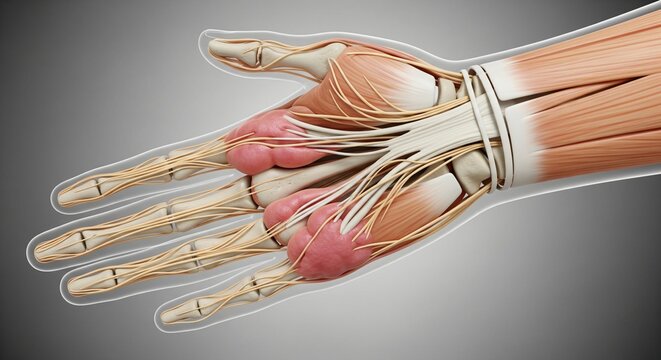 Detailed 3D illustration of human hand anatomy showing bones muscles and tendons