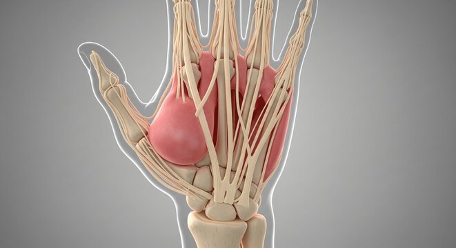 Detailed anatomical illustration of human hand bones tendons and muscles