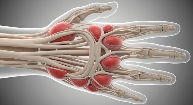 Detailed 3D rendering of human hand anatomy showing bones tendons and synovial sheaths
