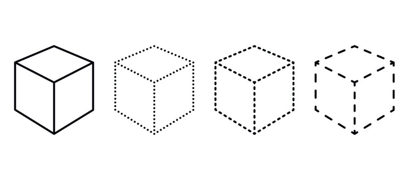 Various cube shapes and line styles for geometric illustrations isolated on transparent background