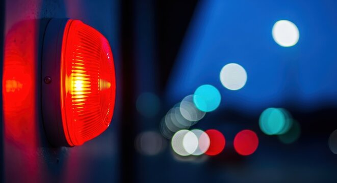 A close-up view of a red traffic light glowing brightly at night with blurred colorful bokeh lights in the background on a city street.