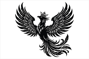 Fototapeta premium Black silhouette of a phoenix bird with crown on white background