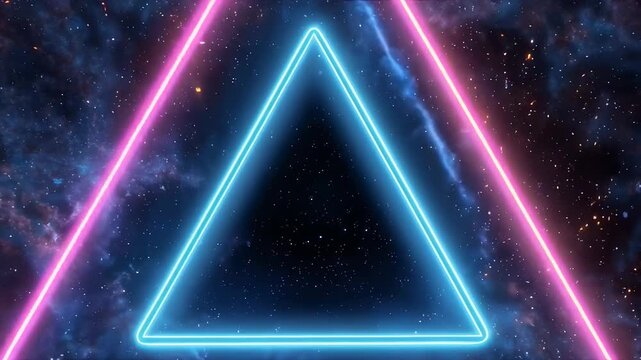 Neon double triangle on a space background of blue, purple, and black