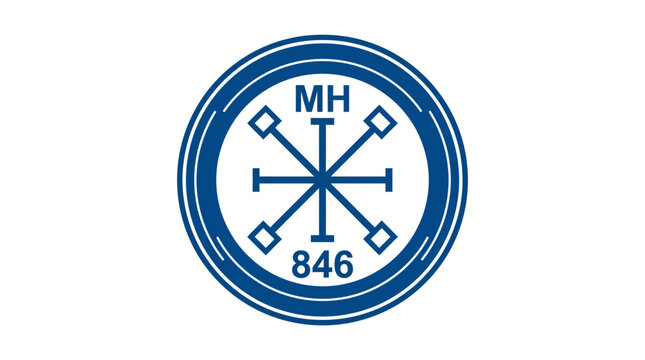 Circular emblem with MH 846, abstract symbol, blue and white
