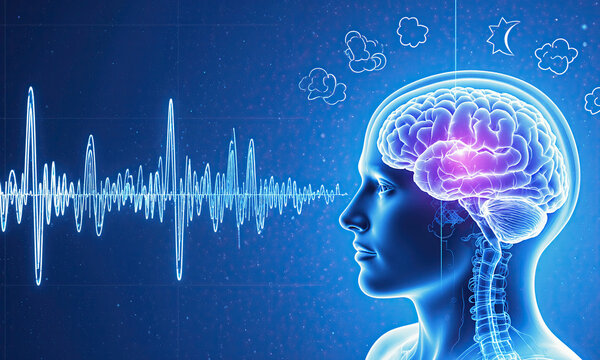 Brain wave sleep medical illustration showing human head profile with rem cycles and dreaming activity in dark blue