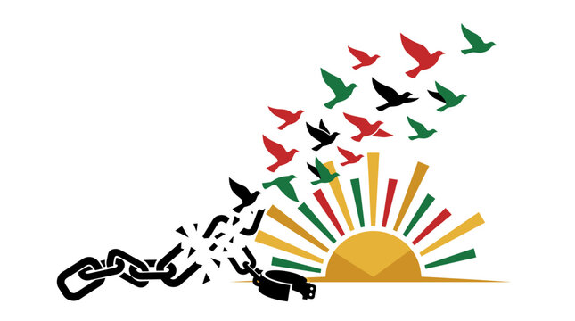 Modern Juneteenth vector illustration featuring broken chains transforming into birds to symbolize freedom, liberation, hope, and African American independence.