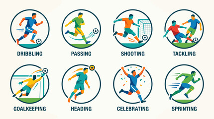 Fototapeta premium World Cup Soccer Player Skills Icons Set - Football Athlete Action & Motion Vector