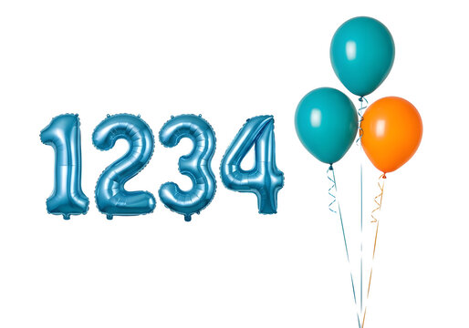 3d blue number 1234 balloon set with celebration balloons on a PNG background