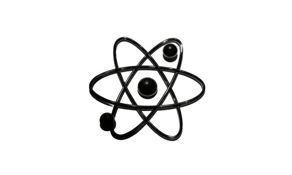 Atom science physics icon isolated showing a black glossy atomic structure for educational materials and scientific research concepts