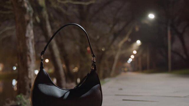 Black handbag on city sidewalk under lampposts, soft amber glow and blurred bokeh lights receding into distance, empty walkway lined with bare trees, leather texture catching light, subtle shadow,