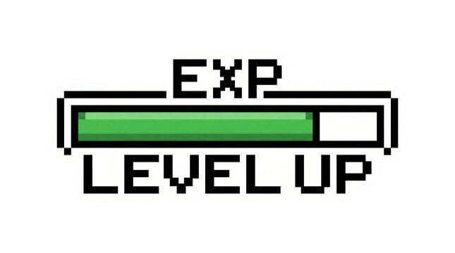 Pixel art EXP level up transparent PNG sticker with green progress bar for game UI