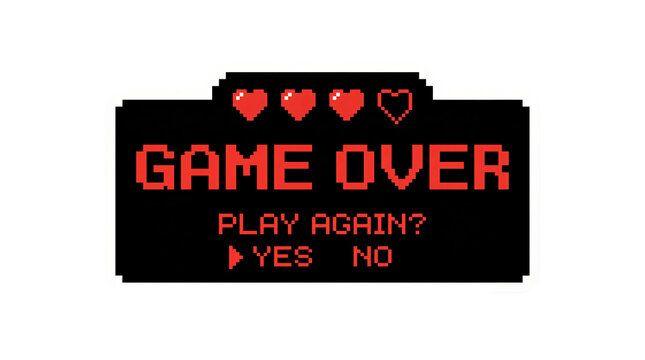 Pixel art game over play again transparent PNG sticker with hearts and yes no menu for game UI