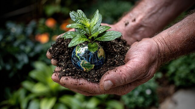 Two hands holding soil with seedling inside clear globe showing faint green continent map, background divided between dark earth above and lush vegetation below. 