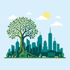 A large green tree stands before a modern city skyline view © Indra