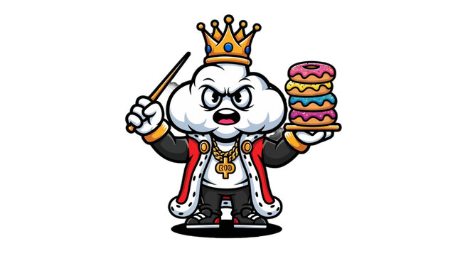 Cartoon cloud king holding colorful stacked donuts proudly.