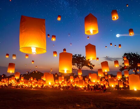 Many glowing lanterns flying at dusk.