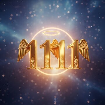 Golden 1111 Angel Number with Wings and Halo in Cosmic Background.