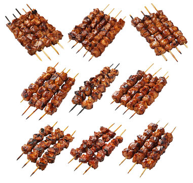 Grilled chicken yakitori skewer with teriyaki glaze or Isaw Filipino street food isolated on white transparent background