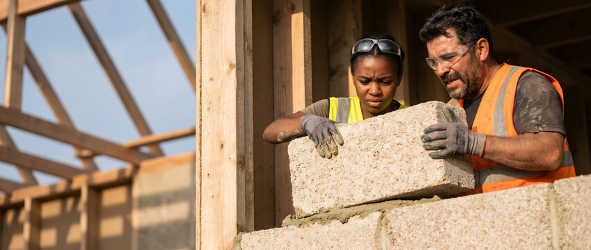 Construction workers building brick wall at residential house development site. Diverse male and female builders in high-visibility safety vests working together as a team with focused cooperation.