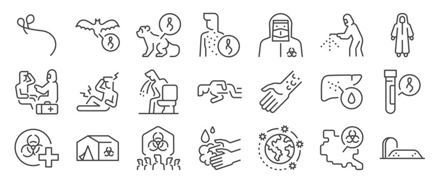 Ebola icon set. It includes pandemic, disease, epidemic, symptoms, sickness, and more icons. Editable Vector Stroke.