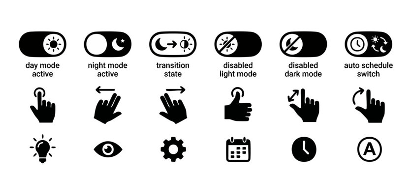 Dark mode toggle icons set for mobile app UI UX interface design featuring hand gestures, light theme switches, transition states, and settings symbols in a minimalist black vector graphic style.