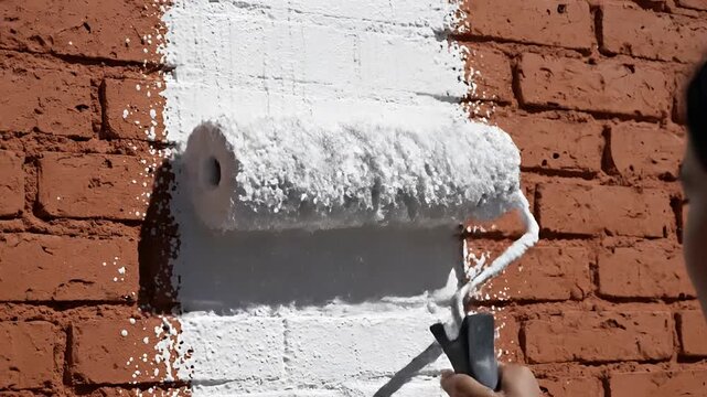 Painting a brick wall with white paint using a roller.