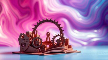 Fototapeta premium Intricate papercraft London skyline. Gears, buildings, iconic landmarks rise from open book. Vibrant fluid background adds depth.