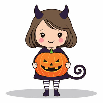 Cute Devil Girl Holding Jack-o'-lantern for Halloween