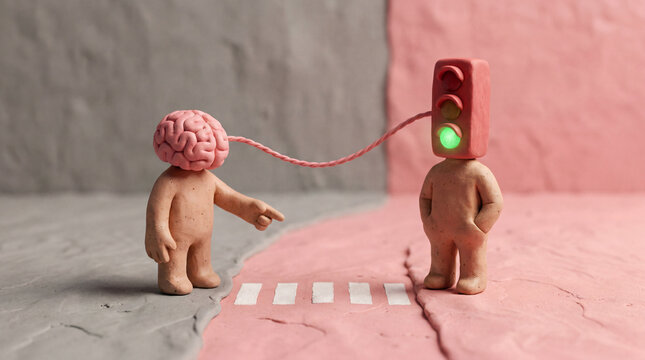 Clay Figure Brain Connects to Traffic Light Head at Crosswalk