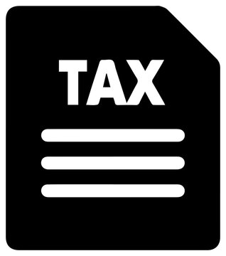 Solid black filled icon of tax departure levy exit tax symbol with white text and lines on a document