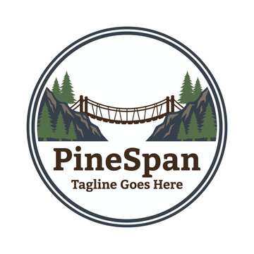 Rustic circular emblem featuring a rope bridge crossing a canyon, perfect for hiking groups, national parks, camping, or travel agencies.
