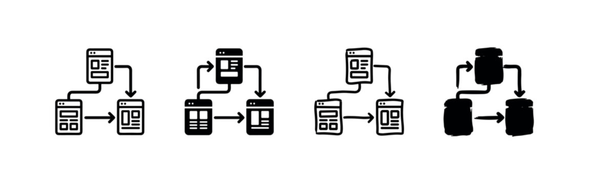 Website architecture and user flow diagram icons with browser window variations