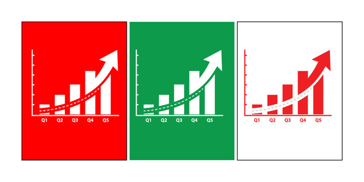 Three bar charts with rising arrows and quarter labels on colored backgrounds graph growth