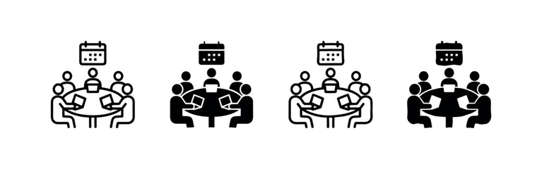 Fototapeta premium Business meeting and planning icon set with people around a table, laptops, and calendar. Corporate event and teamwork concept.