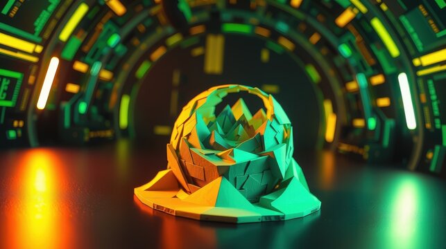 Futuristic interior features polygonal object center stage. Dramatic lighting creates vibrant, contrasting colors. Dark background emphasizes central form.