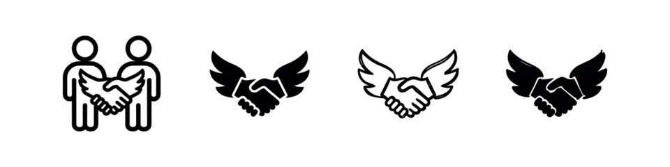 Obraz premium Handshake with wings and partnership icons representing peace and business deals in four styles.