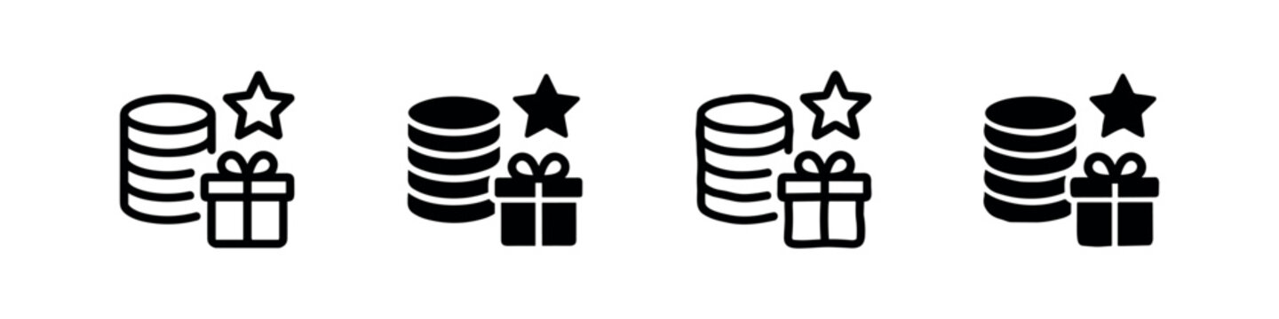 Loyalty reward program icons with coins, star, and gift box in four design styles.