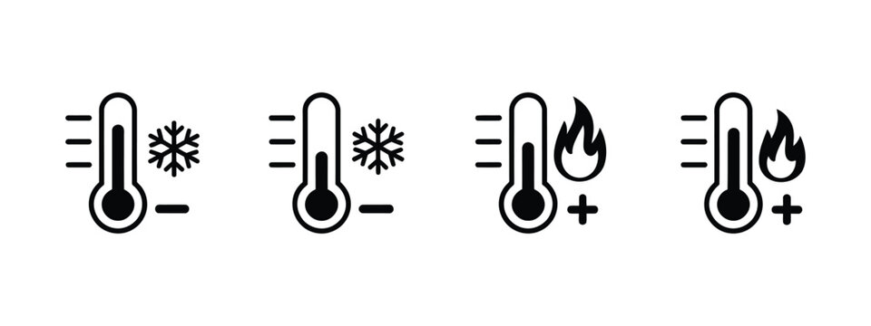 Hot and cold temperature thermometer icon set, high and low heat symbols, freeze flame chill and frost signs for thermal monitoring, weather and temperature control concept.