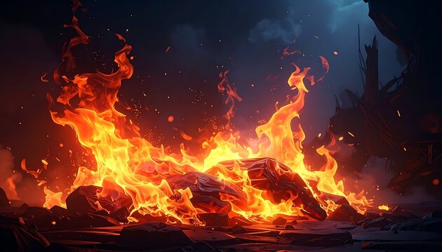 Intense flames engulfing burning wooden structure.
