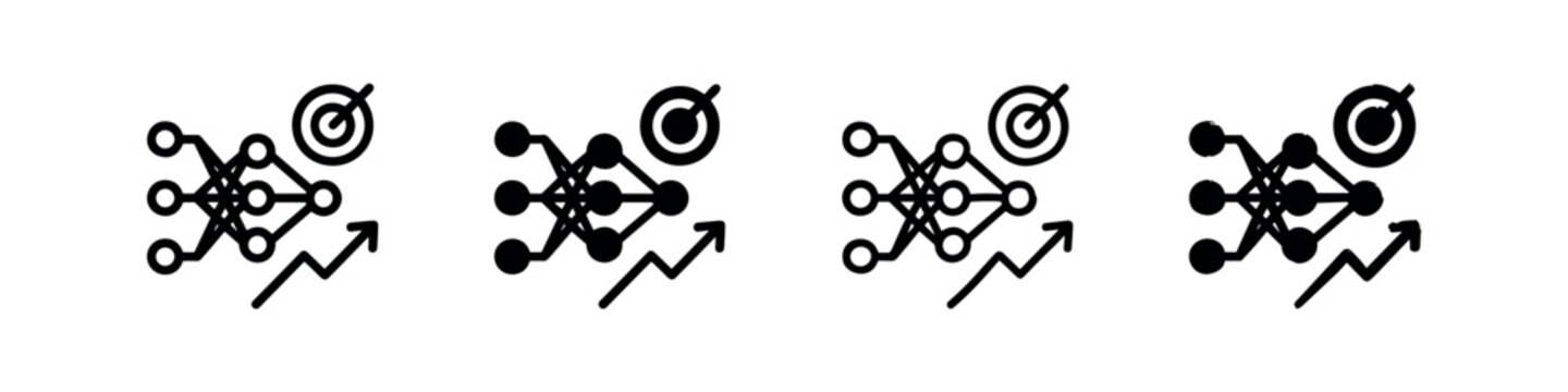 Neural network and machine learning with target and growth arrow icon set