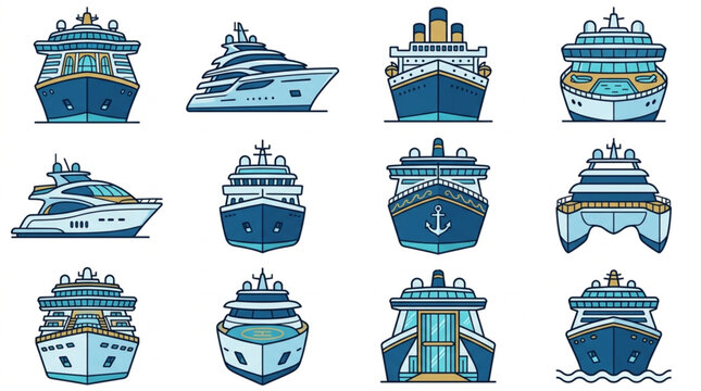 Collection of Various Cruise Ships and Vessels Illustrations