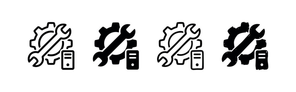 Gear, wrench, and server rack icon representing IT maintenance, system administration, and network support.