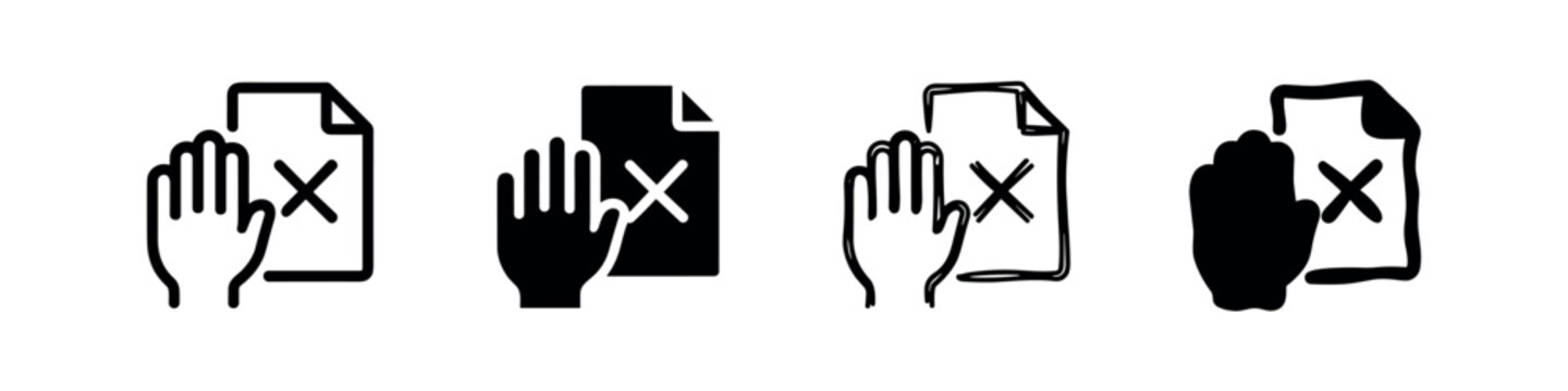 Document Rejection and Refusal Icon Set, Hand and Cross Mark Symbols for Denial