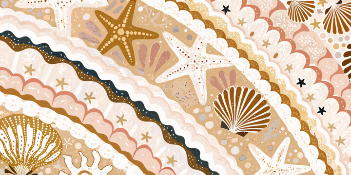 Seashell and starfish pattern bohemian coastal illustration