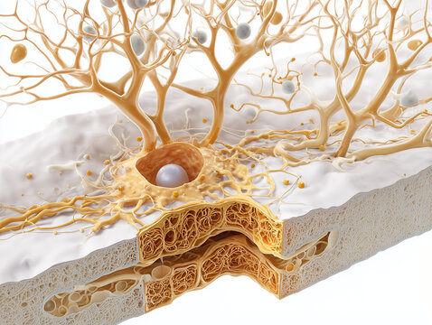 Human liver hepatic lobule anatomy illustration showing 3D cross section with central vascular tree branching hepatocyte plates sinusoid network and hepatic cellular organization in warm amber gold to