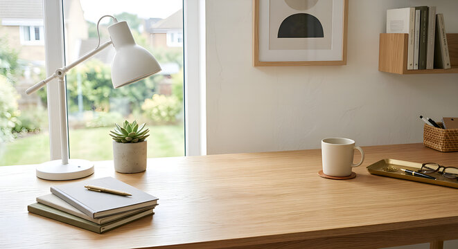 Minimalist Home Office Workspace Mockup with Empty Wooden Desk and Copy Space