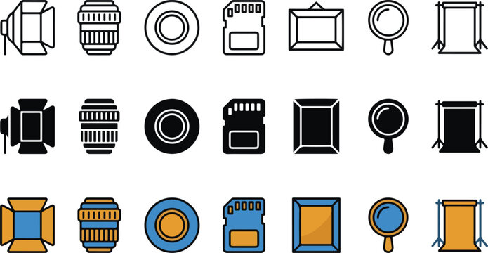 Flat line icons of photography equipment and storage devices